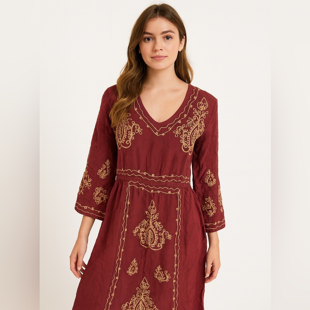Embroidered Burgundy Midi Dress